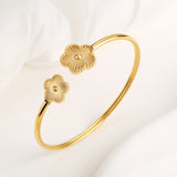 Stainless Steel Gold-Plated Five Leaf Flower Open Bangle